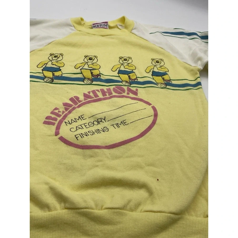 Vtg Sweater Youth Sz 10‎ Yellow Bearathon Running Tortoni 80s Panda Puff Print